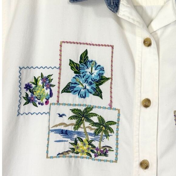 VTG Bobbie Brooks Button Shirt XL Wht/Denim Embroidered Cottage Western Tropical - Picture 7 of 14